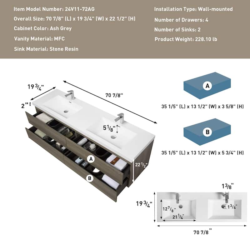 Wall 72" Floating Bathroom Vanity with Sink & and 4 Soft Close Drawers,White/Oak/Grey - 72 inch