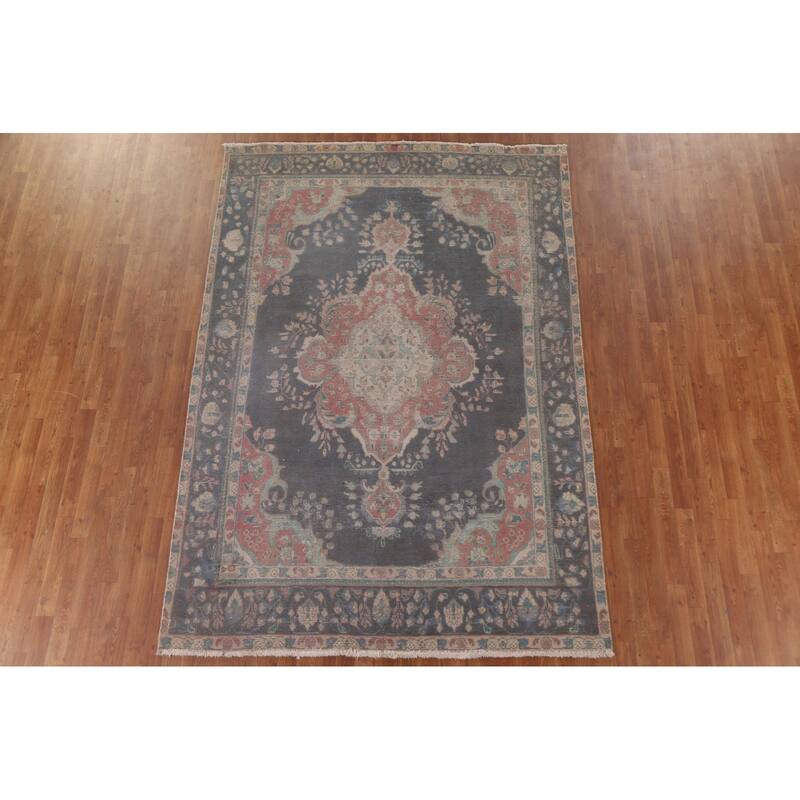 Distressed Over-Dyed Tabriz Persian Antique Rug Handmade Wool Carpet - 6'5" x 9'5"