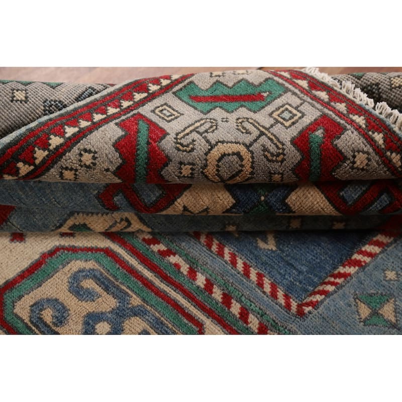 Light Blue Geometric Kazak Rug Hand-Knotted Living Room Wool Carpet - 6'8" x 9'6"