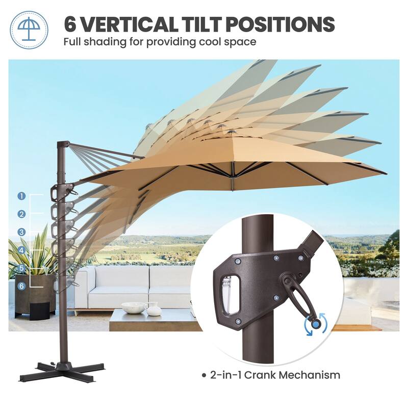 Outdoor 11 Ft Patio Cantilever 360 Degree Rotation Offset Umbrella with Base
