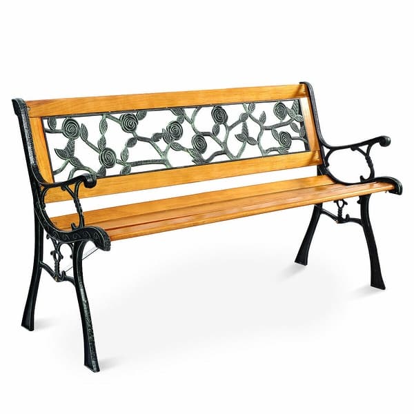 slide 2 of 10, Costway Patio Park Garden Bench Porch Chair Outdoor Deck Cast Iron Yellow