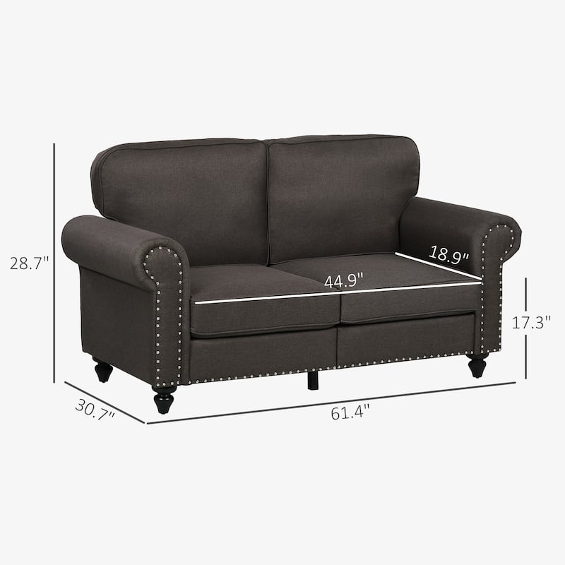 HOMCOM 61" Loveseat Sofa, Mid Century Modern 2 Seater Small Couch with Nailhead Trim, Rolled Arm, Fabric Upholstered Love Seat