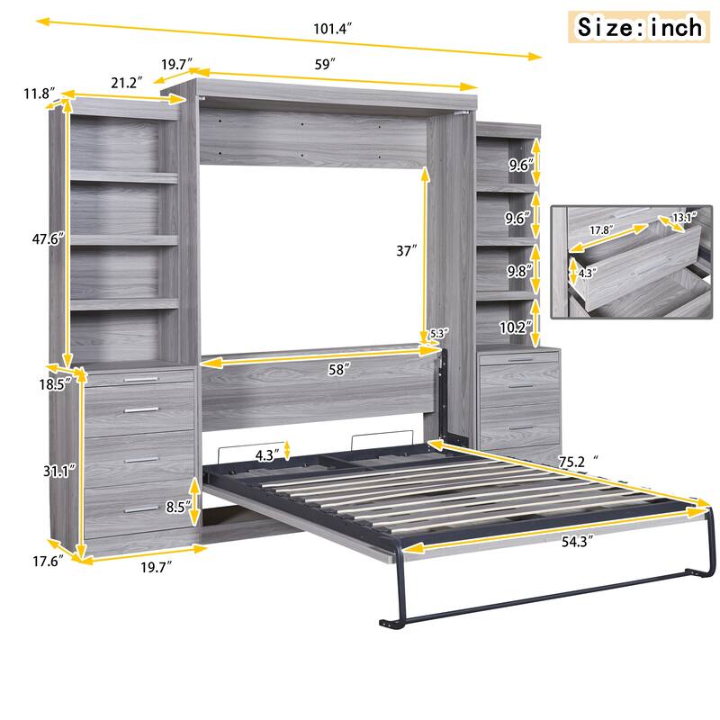 Space-Saving Full Size Murphy Bed with Built-in Shelves and Drawers, Gray Finish