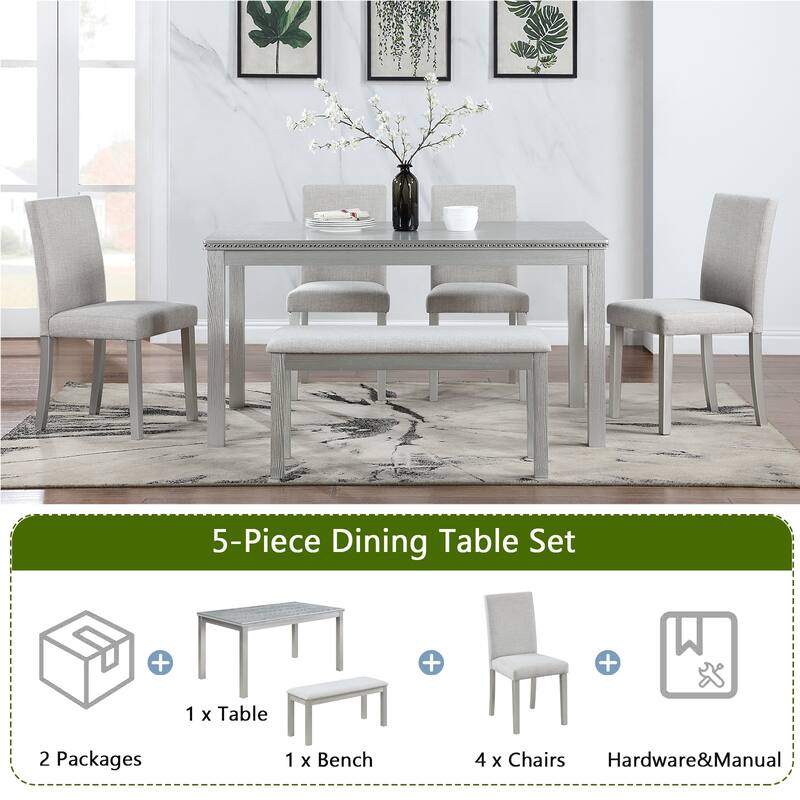 Kitchen Wooden Dining Table Set Rectangular Casual Dining Table with Crystal Accent Table Edge, 4 Dining Chairs, Bench