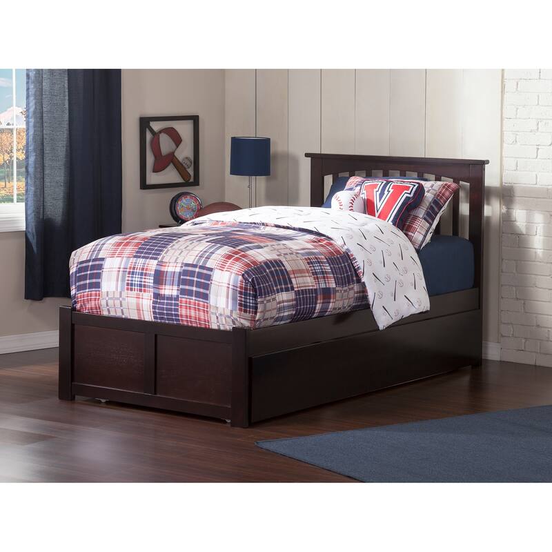 Twin Size Platform Bed with Trundle, USB Port - Espresso Finish, No Box Spring Needed, Modern Design