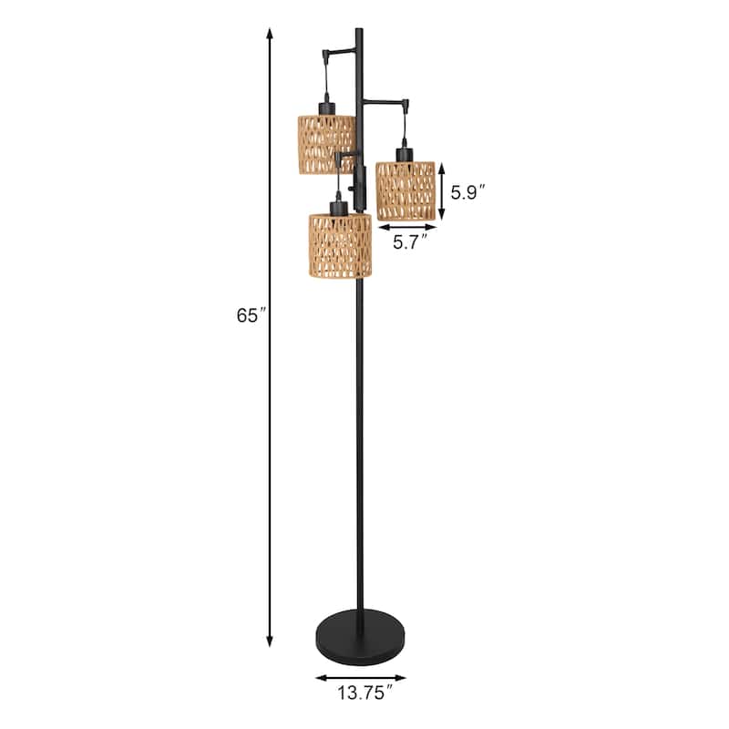 Boho 3-Light Tree Floor Lamp With Rattan Drum Shades