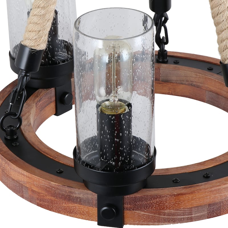 Anmytek Modern Farmhouse 3-Light Wooden Wagon Wheel Chandelier Cylinder Glass Pendant Lights for Dining Room - 16" D x 21.5" H