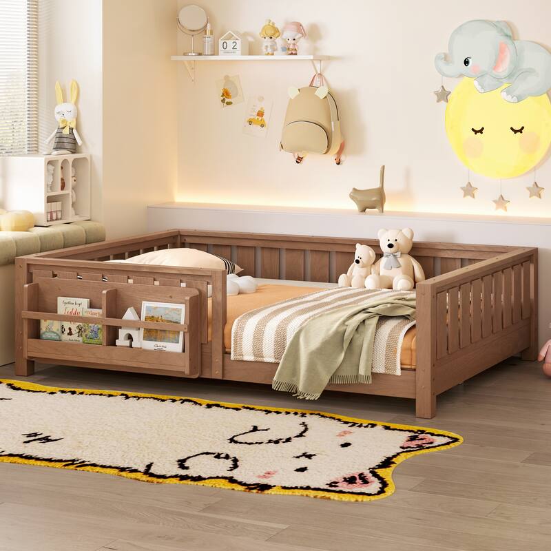 Montessori Floor Bed Low Profile Kids Bed with Rails & Bookshelf