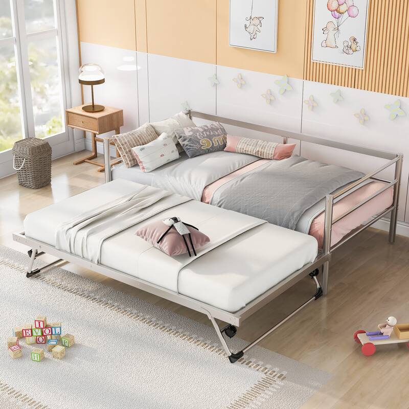 Twin Metal Daybed with Pop-Up Trundle - Versatile Sofa and Bed Combination - Silver