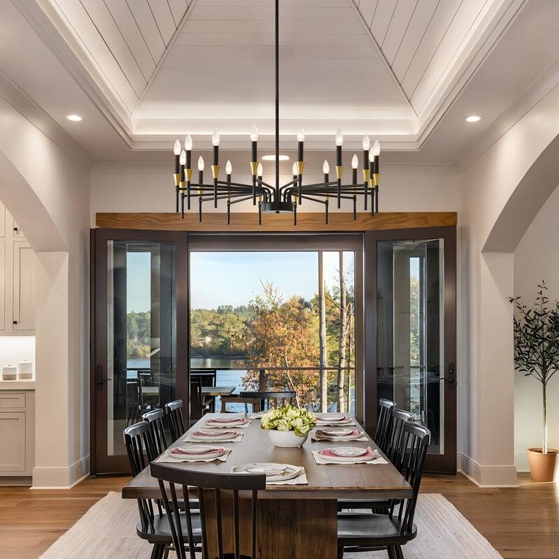 Black & Gold Modern Farmhouse Chandelier Rustic Ceiling Light Dimmable E12 Candle-Style Pendant Lighting Fixture