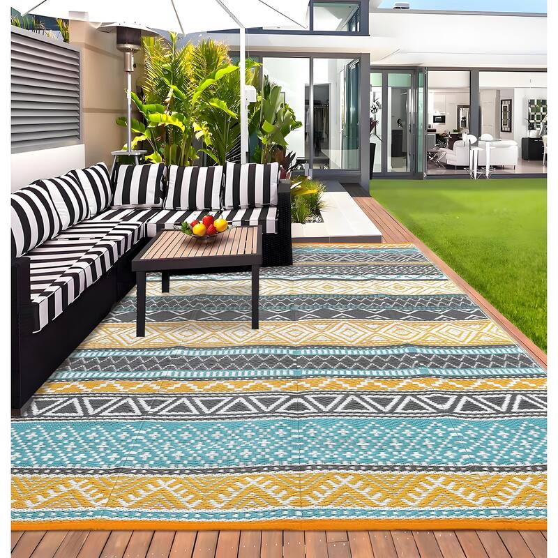 Outdoor Rug Waterproof Patio Rug Mat Geometric Rug Plastic Straw Outside Rug for RV Camping Picnic Reversible Rug