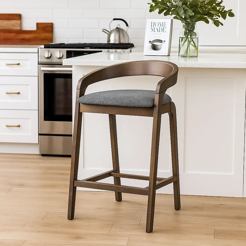 Cid Lenn Counter Stool Chair Set of 2, Gray Fabric, Curved Brown Rubberwood