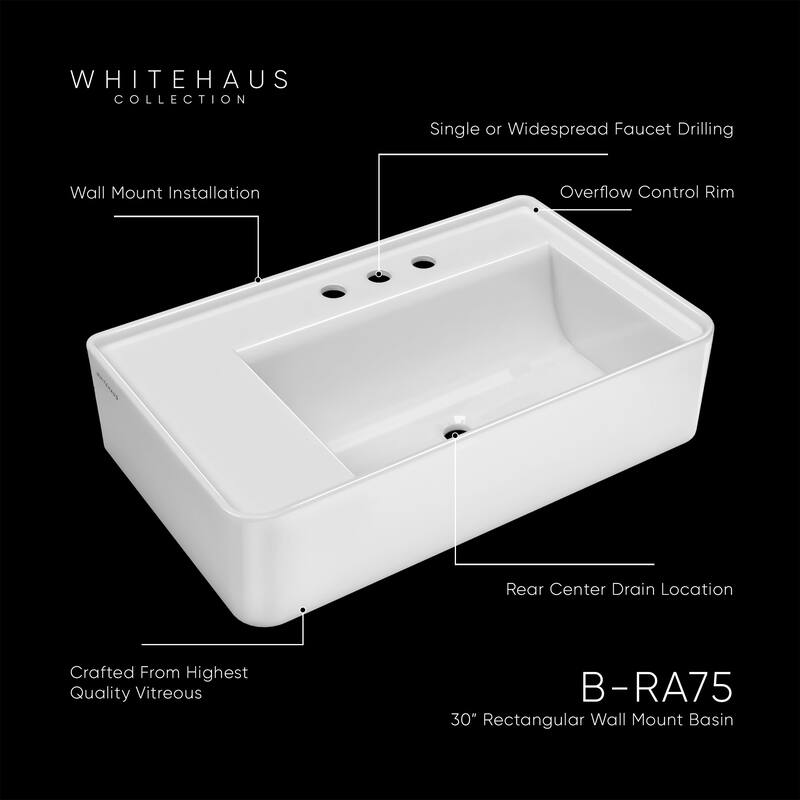 Whitehaus B-RA75-3H 29-1/2" Rectangular Vitreous China Wall Mounted