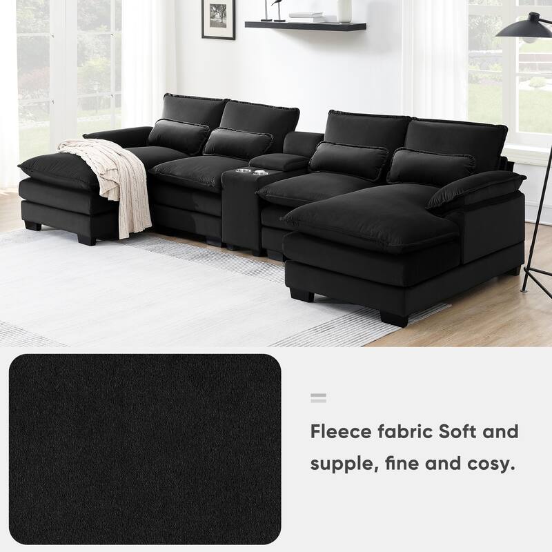 Modern U-shaped Sofa with Console,Cupholders and USB Ports,6-seat Upholstered Symmetrical Indoor Furniture