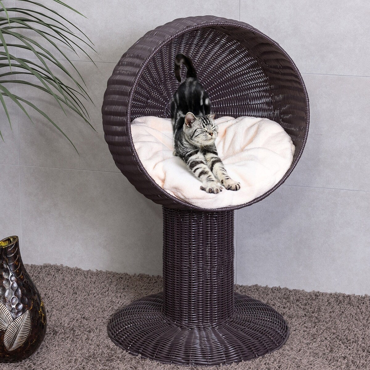 Gymax 33 Cat Bed Home Ball Hooded Rattan Wicker Elevated Cat Kitten with Cushion Bed Bath Beyond 22971585