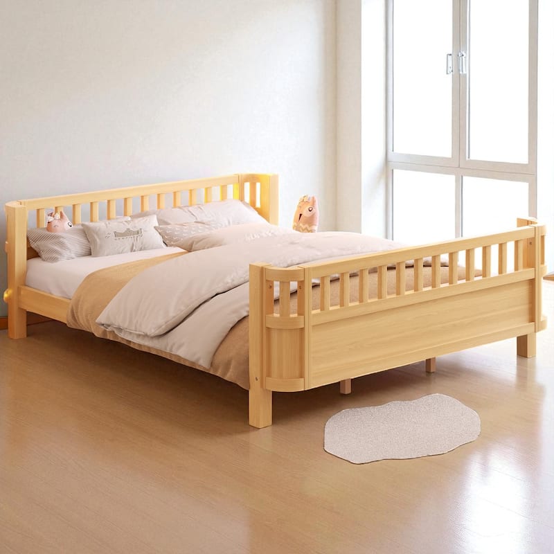 Wood Platform Bed with Guardrails & Detachable Fence, Twin/Full/Twin XL/Queen Size Kids Bed, Safety Design, No Box Spring - Natural - Queen