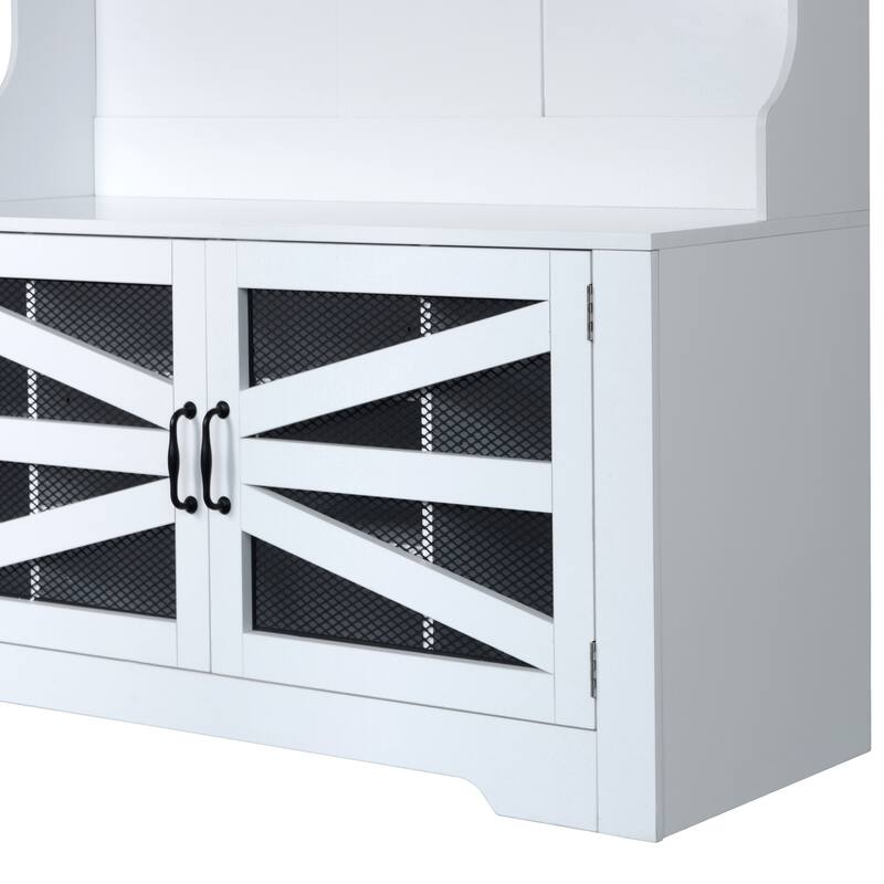 Breathable Hall Tree Cabinet Coat Rack with Adjustable Shelves & Bench Seat, Shoe Storage Cabinet with Wire Mesh Door