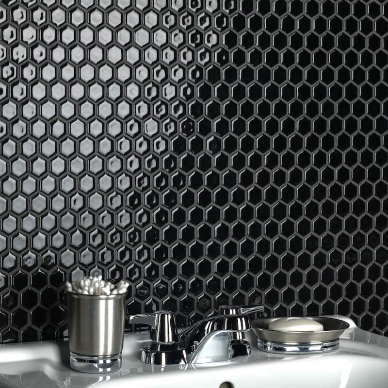 Merola Tile Hudson 1" Hex Glossy Black 11-7/8" x 13-1/4" Porcelain Mosaic Floor and Wall Tile