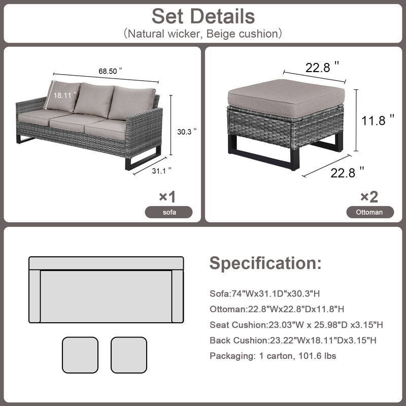 Gymojoy Outdoor Patio Wicker Sofa with Ottomans