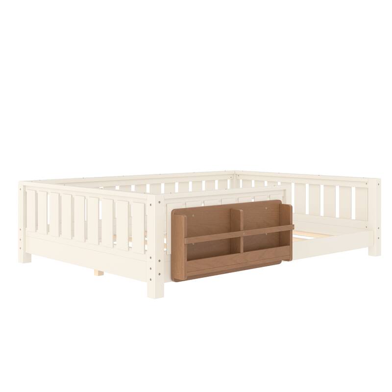 Montessori Floor Bed Low Profile Kids Bed with Rails & Bookshelf