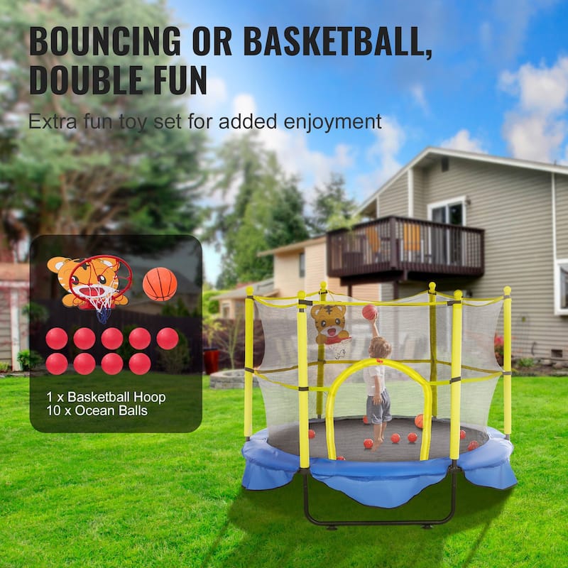 5FT Kids Trampoline with Safety Net and Basketball Hoop for Indoor Outdoor