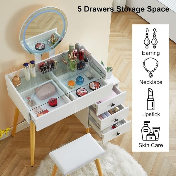 Dressing Table with LED Lights Glass Top Table with Extendable Side Table 5 Drawers Dressing Table with Mirror and Stool - White