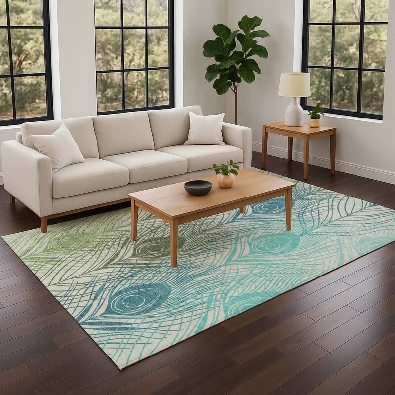 Machine Washable Indoor/ Outdoor Modern Peacock Chantille Rug