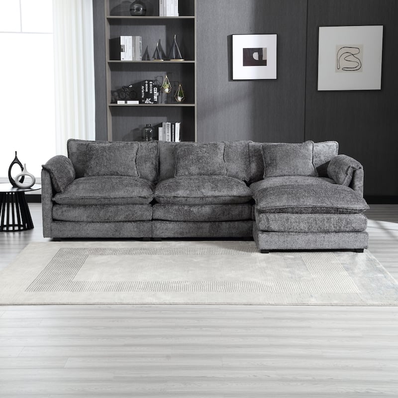 Modular L-Shaped Sectional Sofa, Chenille Fabric 3-Seater Sofa Couch with Chaise and Detachable Armrests for Living Room