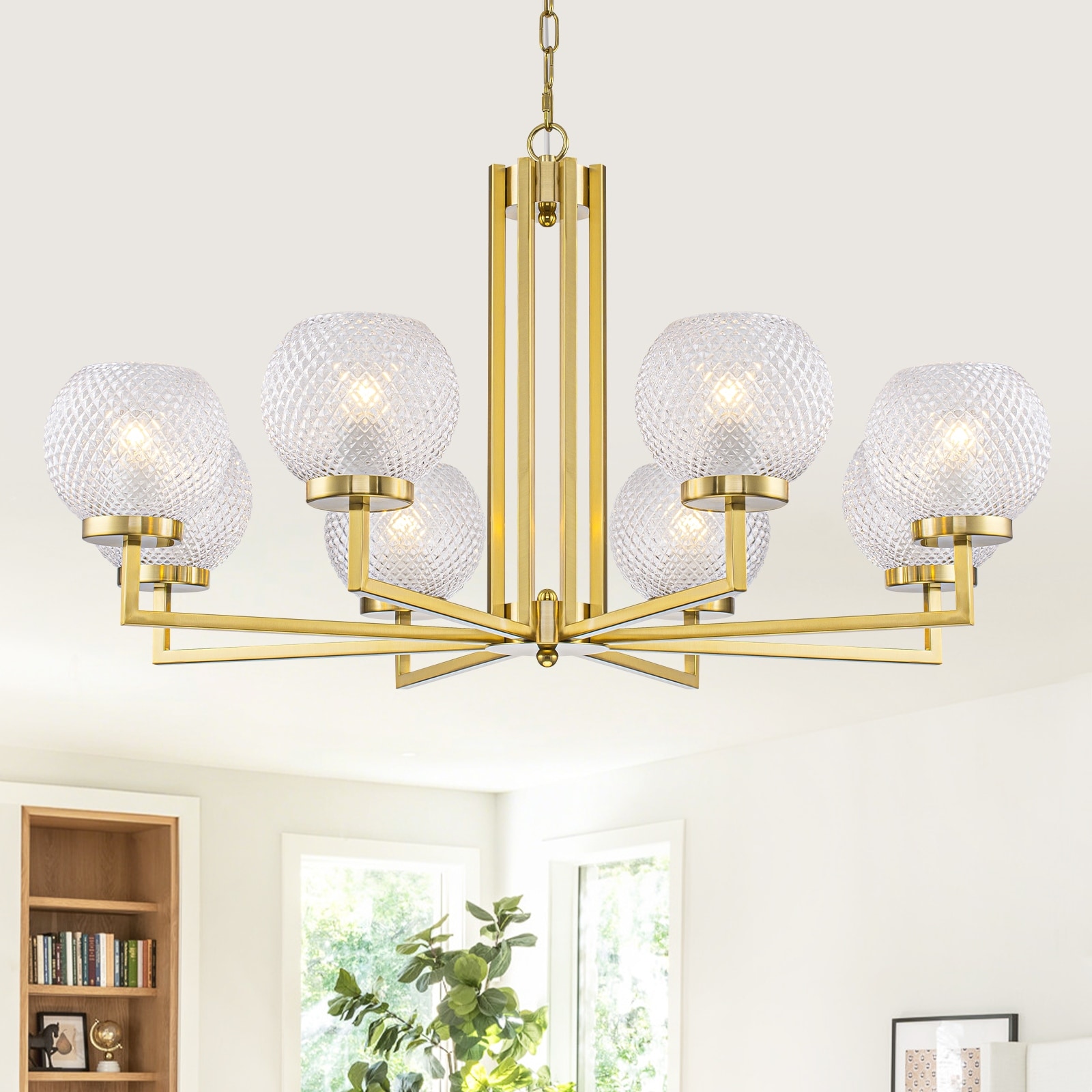 8-Light Modern Gold Chandelier with Textured Glass Shades Dining Room - Dia.34.25inch
