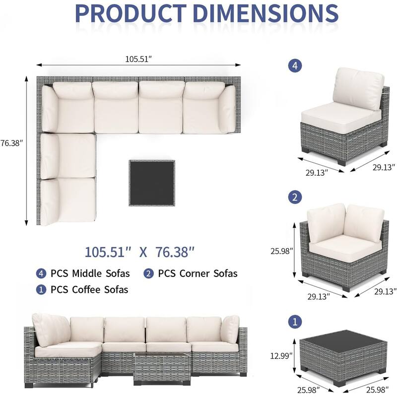 7-Piece Patio Conversation Sofa Set with Cushions and Glass Top Coffee Table