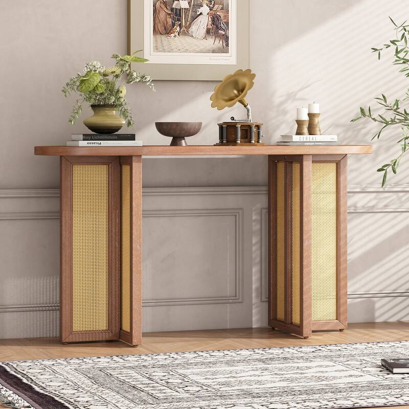 Rattan Console Table Entryway Table,Natural Wood Wash