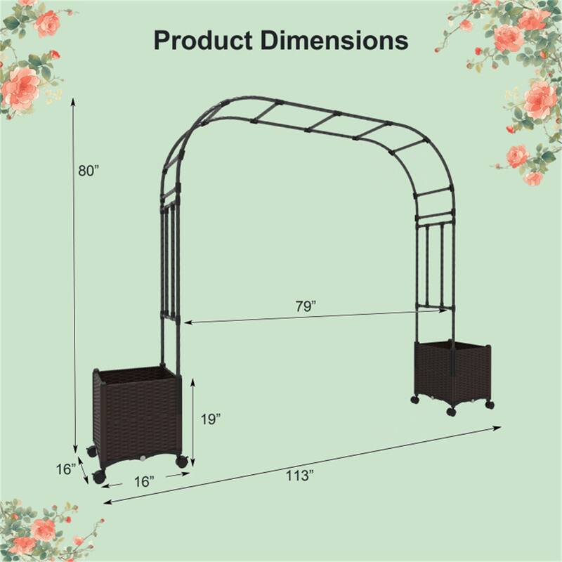Metal Garden Arbor with Planter Boxes Drainage System and Mobile Design for Backyard and Deck - 80" x 16" x 113" (L x W x H)