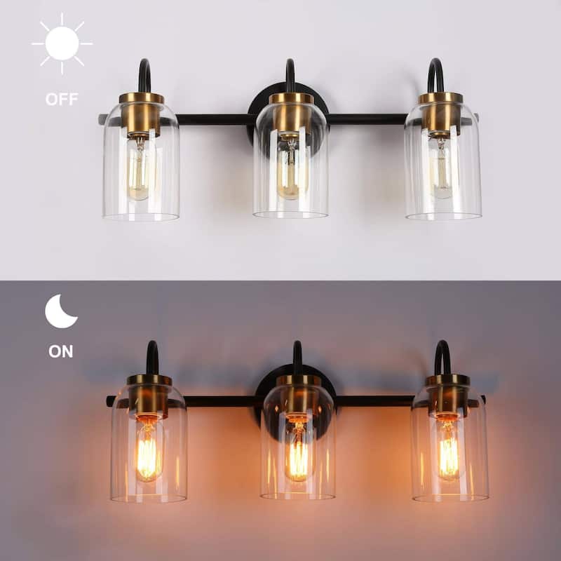 Modern Classic 3-Light Black Bathroom Vanity Light Fixture Gold Brass Wall Sconces with Cylinder Glass - 21" L x 6.5" W x 9" H