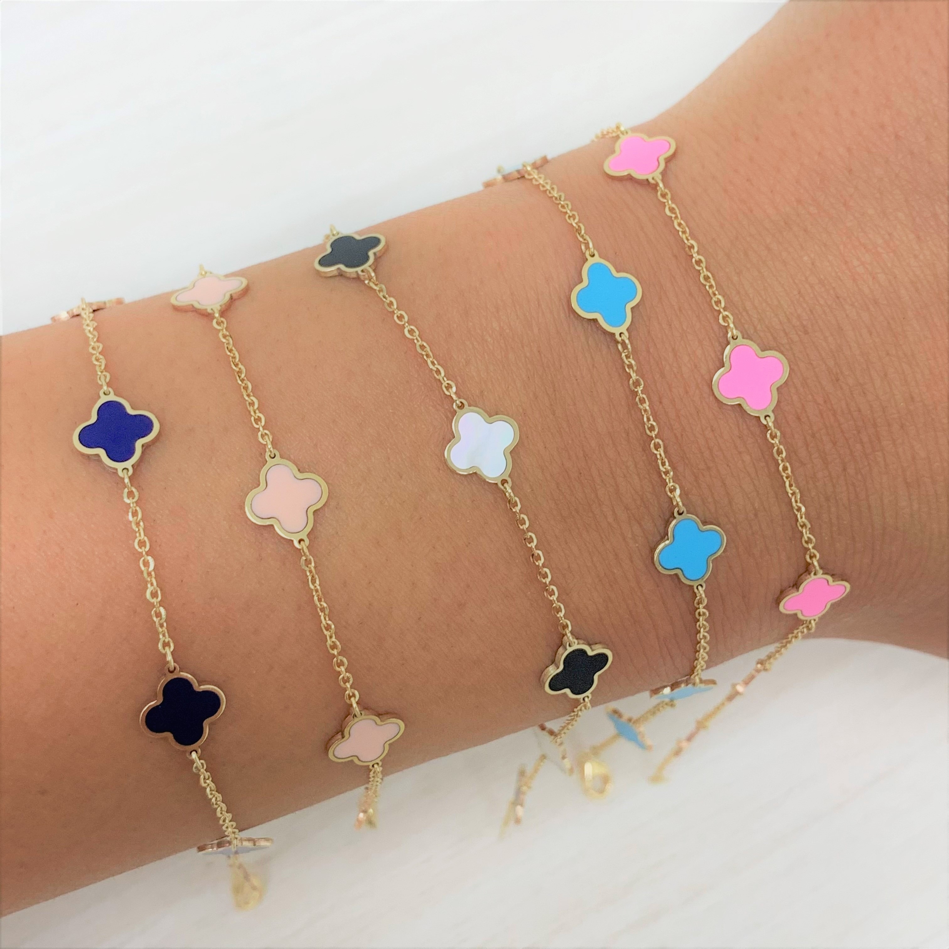 Italian Gold 14K Yellow Gold Clover Gemstone Bracelet - Made in Italian Gold 14K Yellow Gold Clover Gemstone Bracelet - Made in