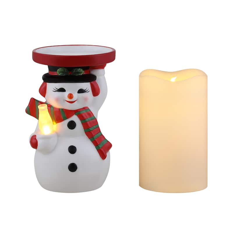 6" Ceramic Lit Snowman Candle Holder and Flameless Candle