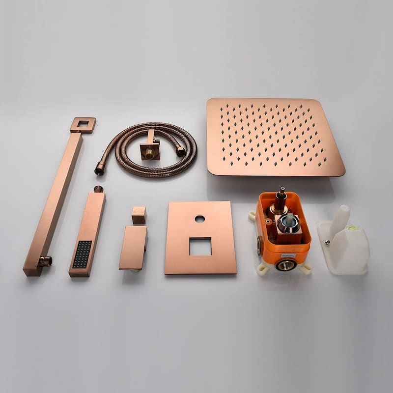 rose gold wall mount 12 inch rain head 2 way shower faucet with handle sprayer - 7'6" x 10'9"
