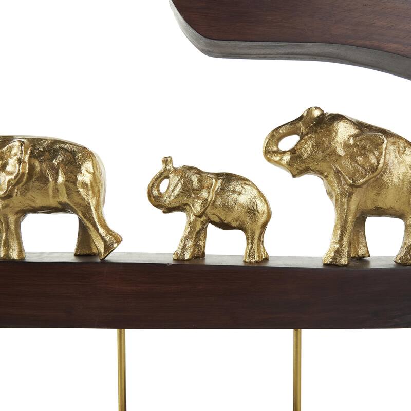 Aluminum Metal Elephant Decorative Sculpture with Brown Wooden Frame - Gold - Roche River Decor