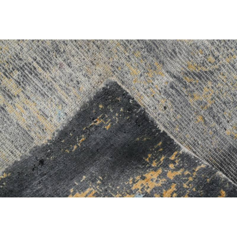 Hand Knotted Oriental Viscose Silk Carpet Modern Pictorial Navy Blue & Blues Abstract Area Rug - 8' 0'' X 5' 0''