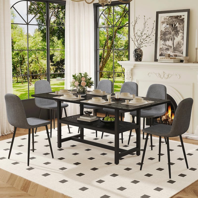 7-Piece Modern Dining Table Set, 71x35.4 Inch Wood Grain Table with 6 Linen-Cotton High - Black,Dark Gray