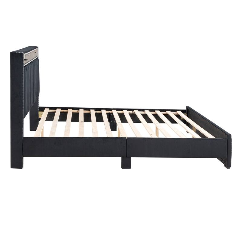 Modern Black Solid Wood Bed Frame with Open Compartments