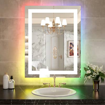 KIOTEE Rectangular LED Frontlit & RGB Backlit Anti-Fog Tempered Glass Bathroom Vanity Mirror with ETL and 3-Year Warranty