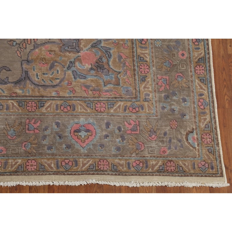 Distressed Brown Tabriz Persian Antique Rug Hand-Knotted Wool Carpet - 8'2"x 11'0"