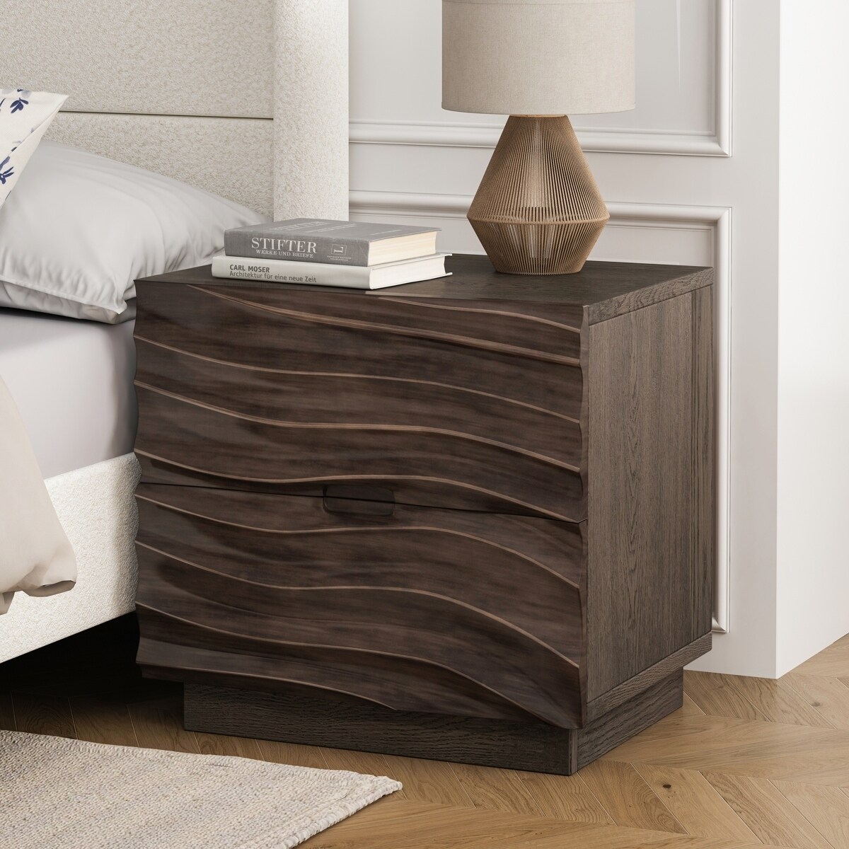 Wood Nightstand,with 2 Drawers,No Handles