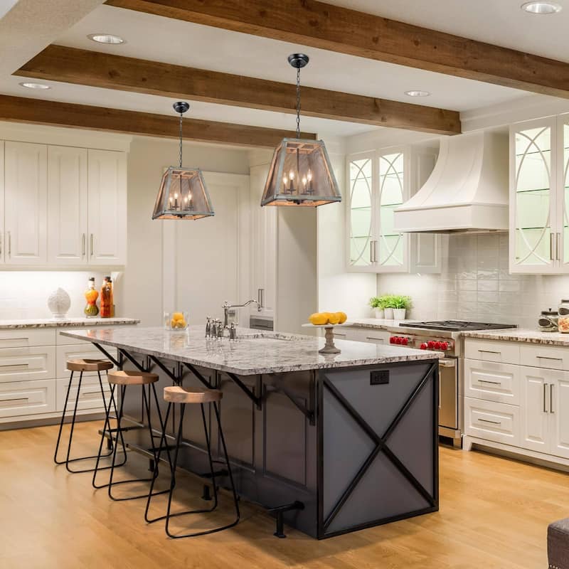 Farmhouse Handcrafted Wood Kitchen Pendant Light with Metal Mesh for Foyer - W15.5" x H16"