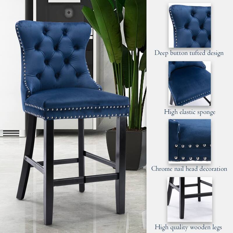 Contemporary Tufted Velvet Upholstered Counter Bar Stools Set of 2