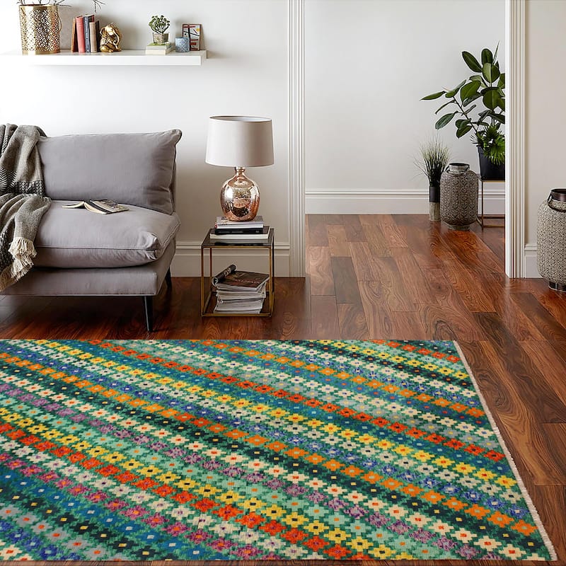Modern Balochi Rice Green/Beige Hand Knotted Wool Rug - 4'11'' x 6'8''