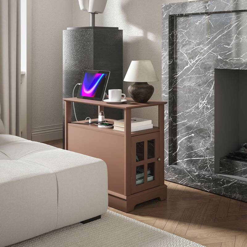 End Table with Charging Station, Narrow Side Table with USB Ports and Outlets, - Brown