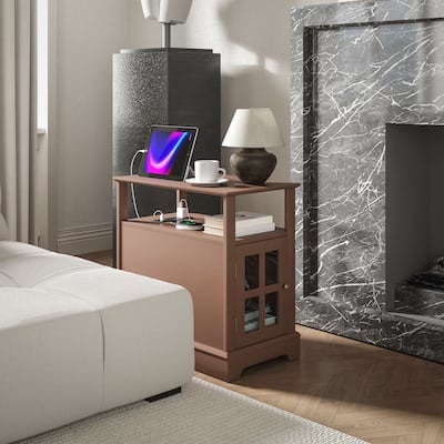 End Table with Charging Station, Narrow Side Table with USB Ports and Outlets,