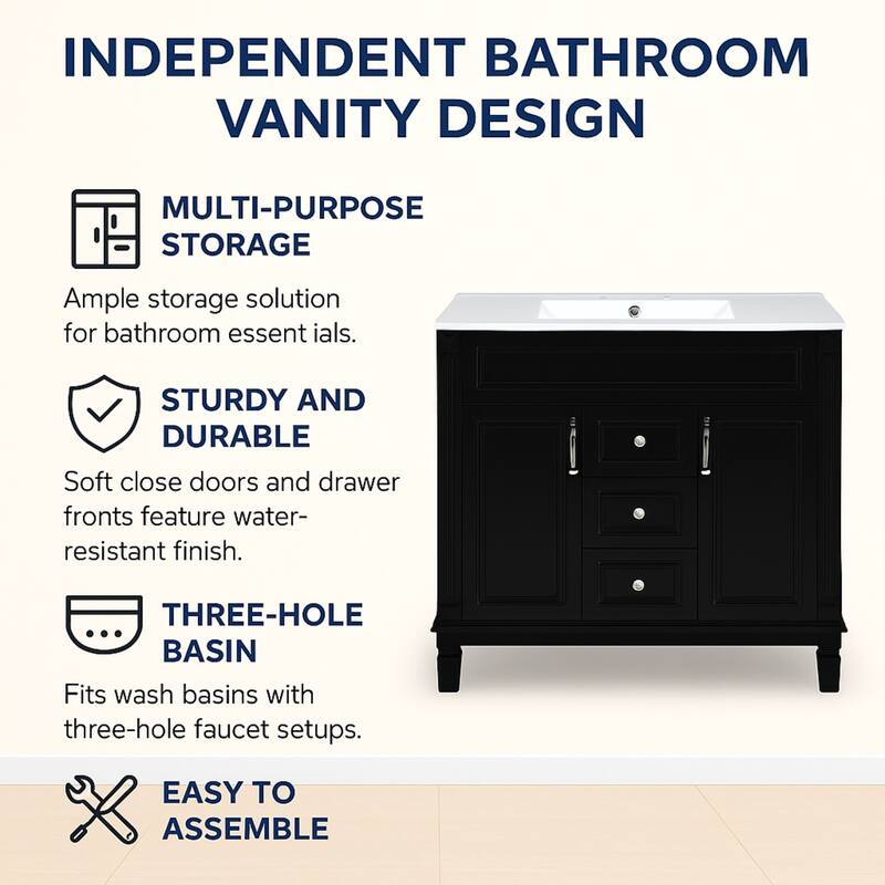 30" Ceramic Sink Bathroom Vanity with Gold Handles, Soft-Close Storage & Space-Saving Design