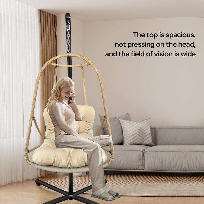 Wicker Swing Egg Chair with Metal Stand and Cup Holder, Patio Hanging Chair with Cushion and Pillow, C Type Bracket